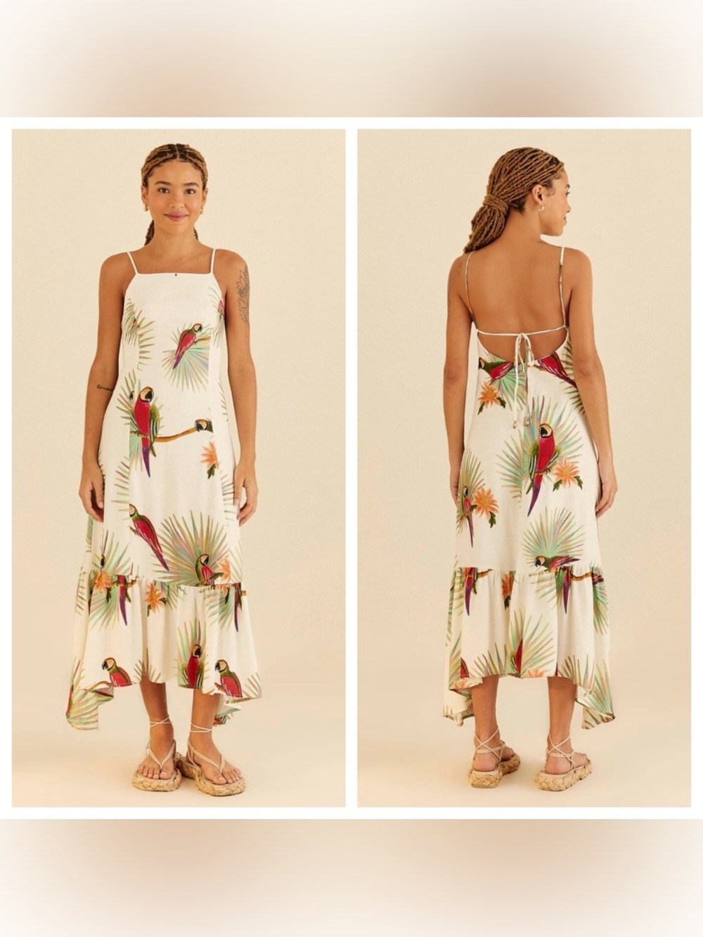 Farm Rio Macaw Tropical Print Midi Dress NWT Parrot Bird Tiered Sundress G Large